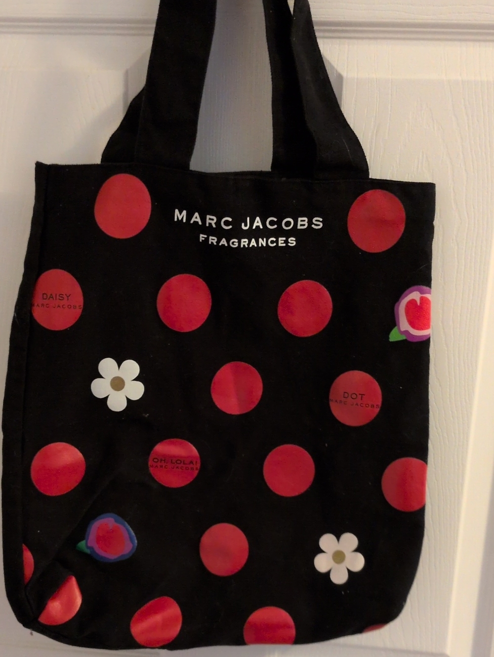 Marc Jacobs Black Tote with Red Polka Dot Print and Floral Accents